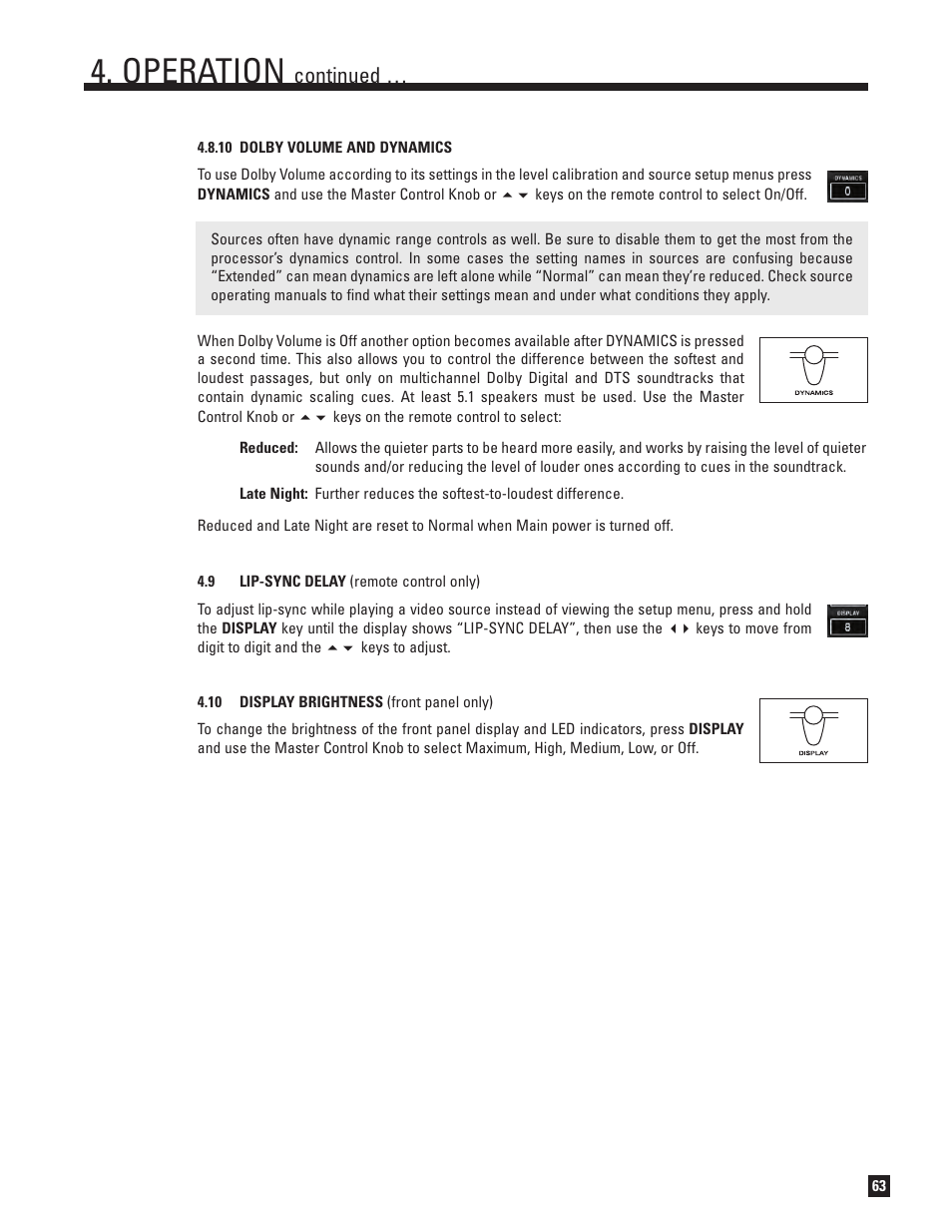 10 dynamics, Lip-sync delay, 10 display brightness | Operation, Continued | Anthem D2v 3D User Manual | Page 71 / 102