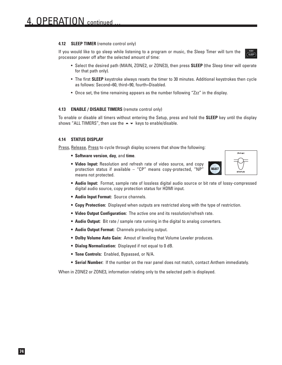 12 sleep timer, 13 enable and disable timers, 14 status display | Operation, Continued | Anthem D2v 3D User Manual | Page 82 / 102