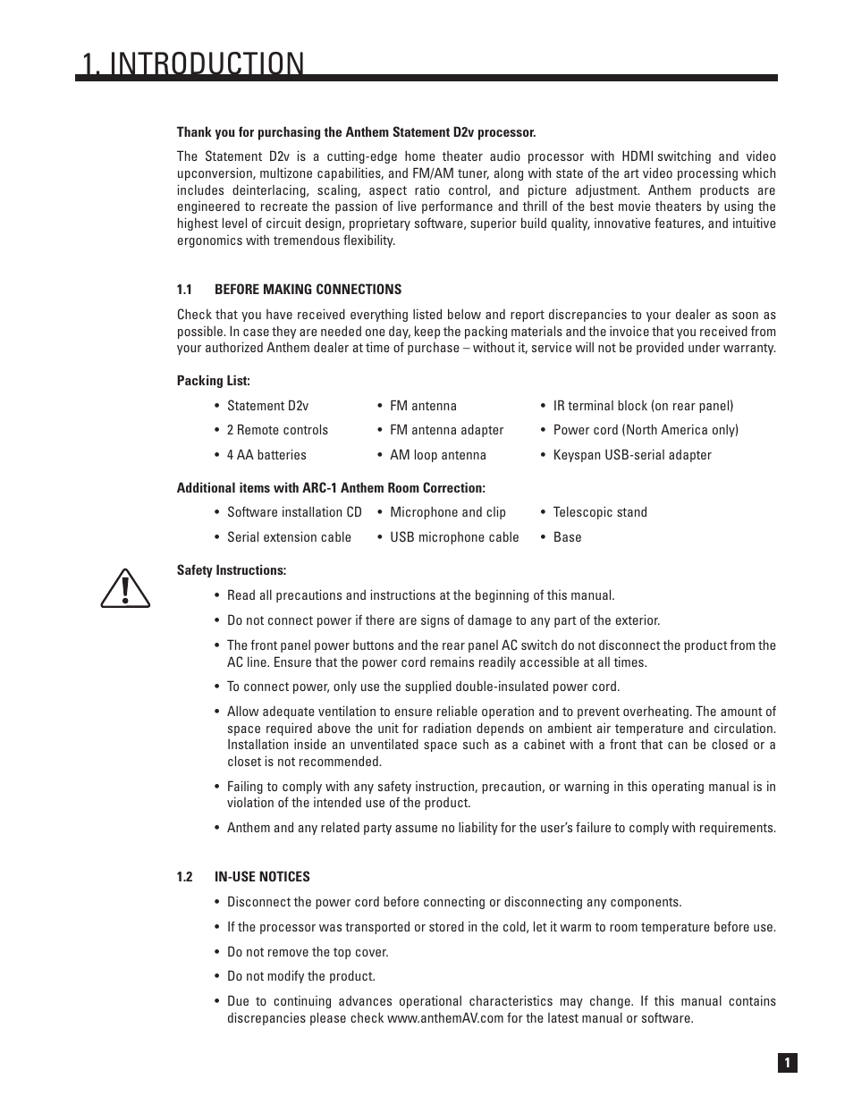 Before making connections, In-use notices, Introduction | Anthem D2v 3D User Manual | Page 9 / 102
