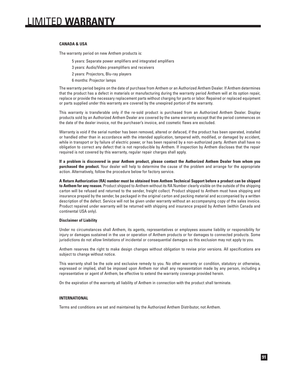 Warranty, Limited warranty | Anthem D2v 3D User Manual | Page 99 / 102