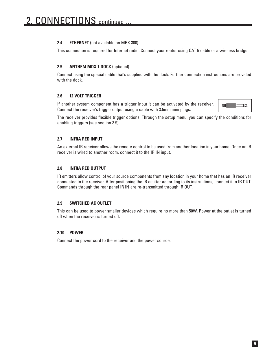 Ethernet, Mdx 1 dock (optional), 12v trigger | Infra red input, Infra red output, Switched ac outlet, 10 power, Connections, Continued | Anthem MRX 700 User Manual | Page 17 / 52