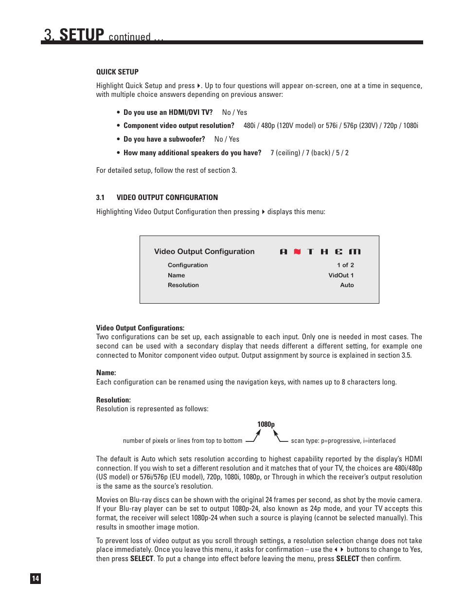 Quick setup, Video output configuration, Setup | Continued | Anthem MRX 700 User Manual | Page 22 / 52