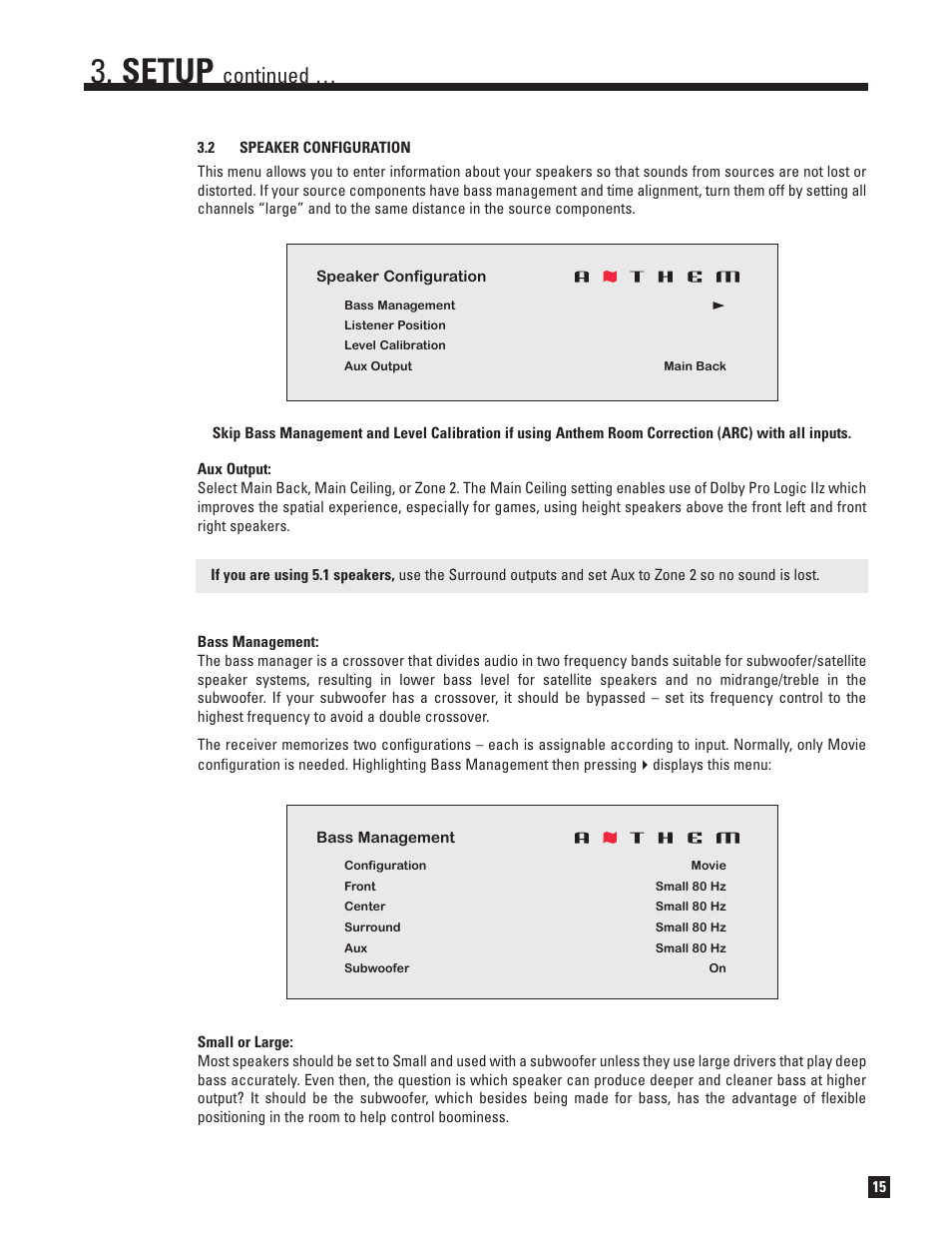 Speaker configuration, Setup, Continued | Anthem MRX 700 User Manual | Page 23 / 52