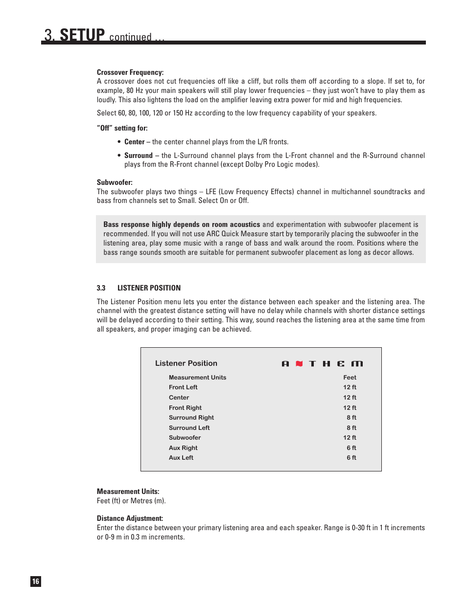 Listener position, Setup, Continued | Anthem MRX 700 User Manual | Page 24 / 52