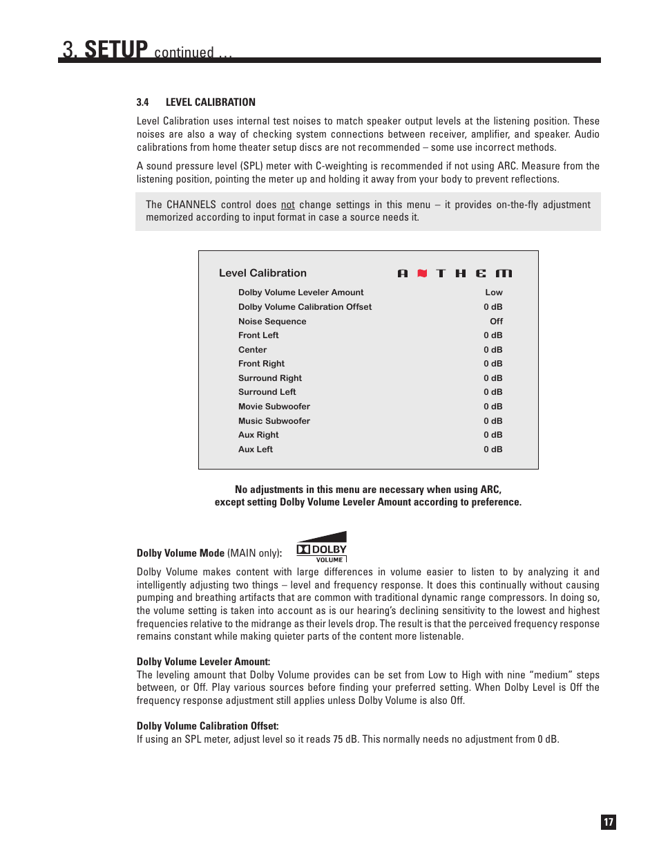 Level calibration, Setup, Continued | Anthem MRX 700 User Manual | Page 25 / 52