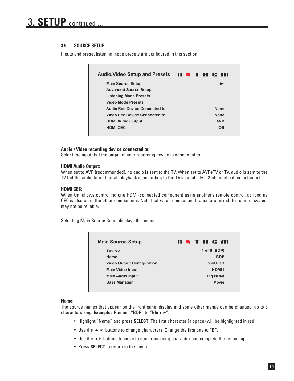 Source setup, Setup, Continued | Anthem MRX 700 User Manual | Page 27 / 52