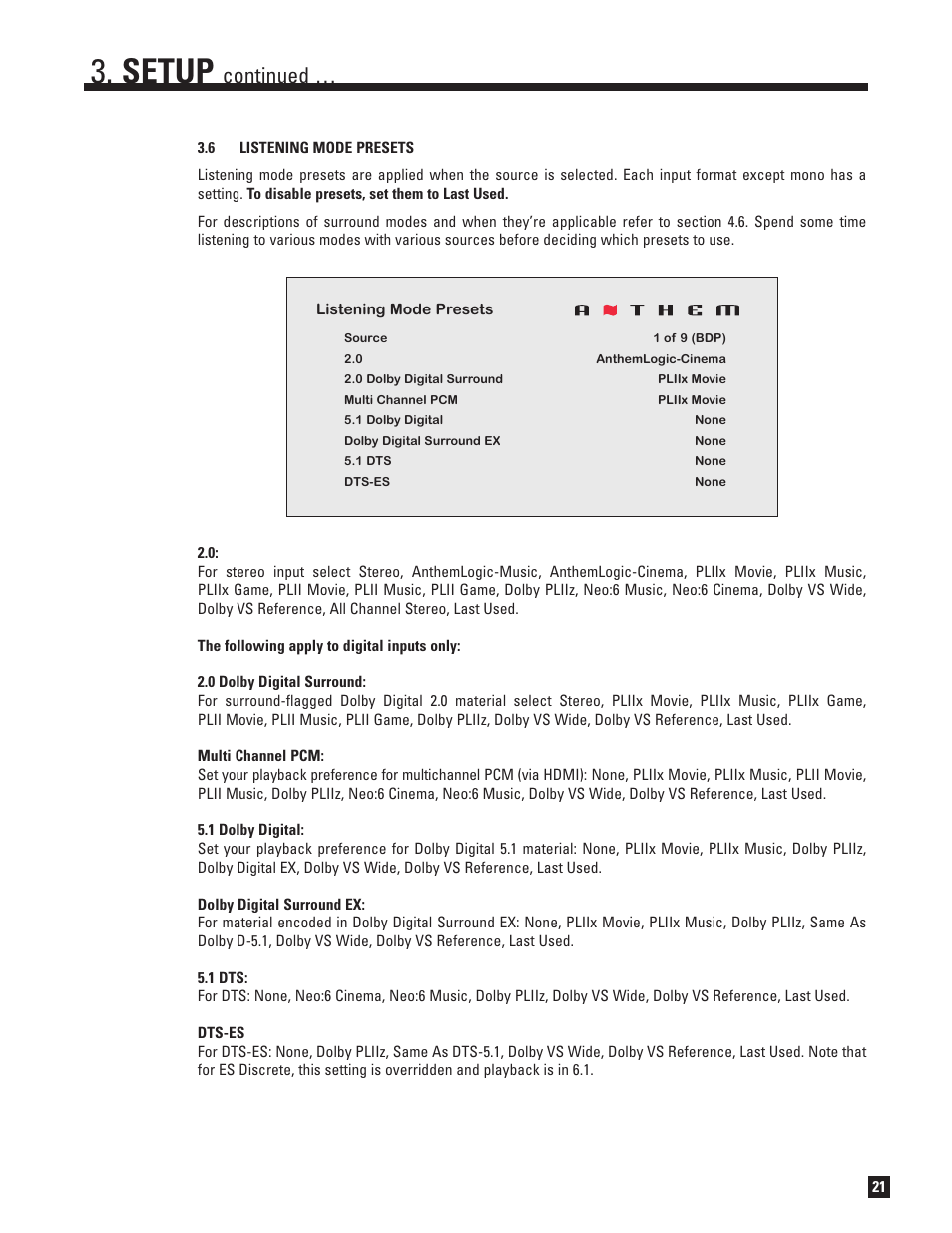 Listening mode presets, Setup, Continued | Anthem MRX 700 User Manual | Page 29 / 52