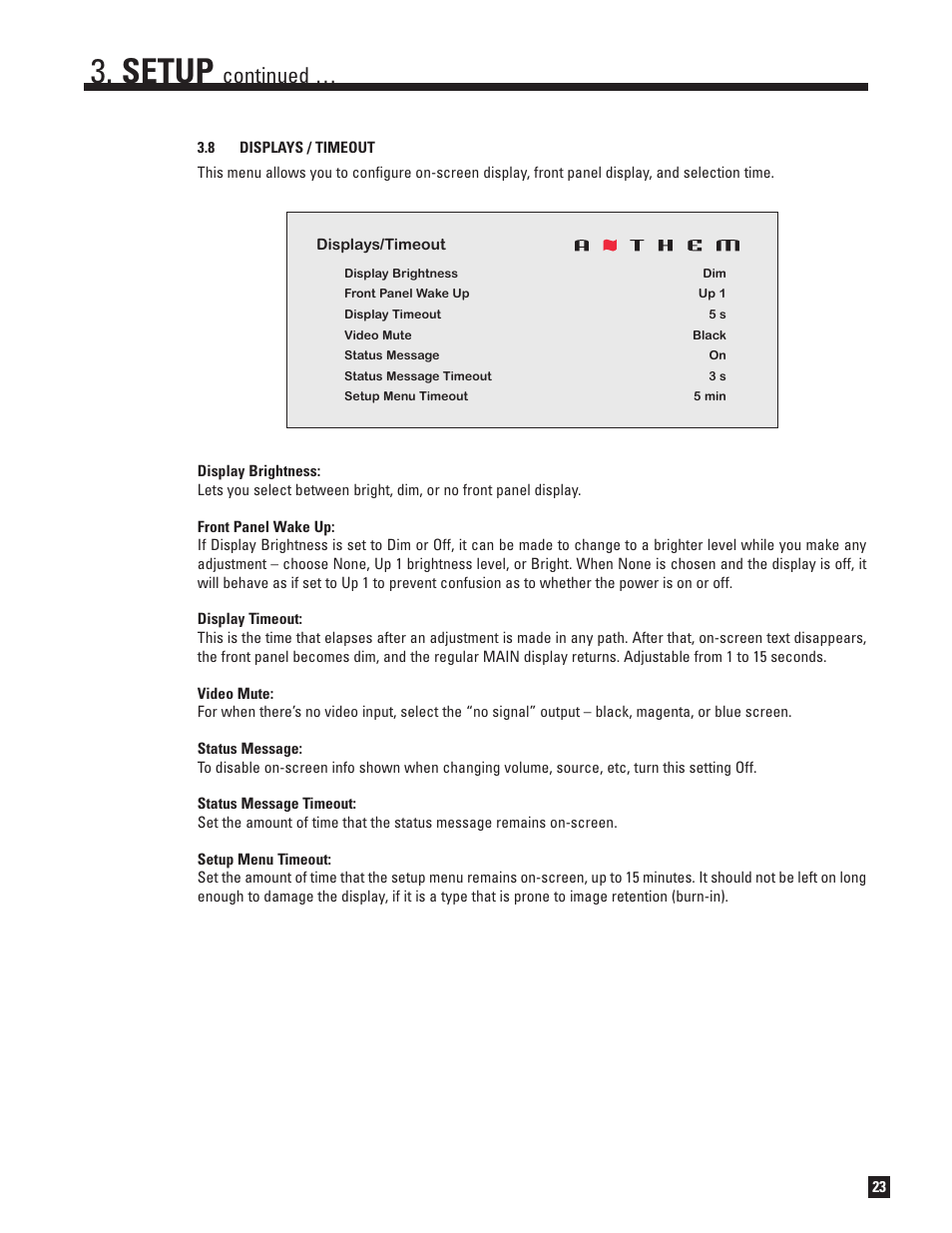 Displays and timeout, Setup, Continued | Anthem MRX 700 User Manual | Page 31 / 52