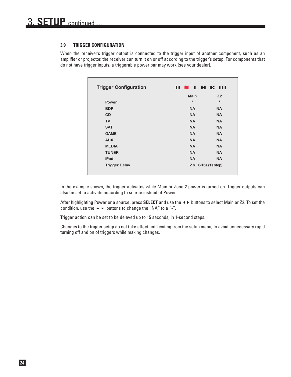 Trigger configuration, Setup, Continued | Anthem MRX 700 User Manual | Page 32 / 52