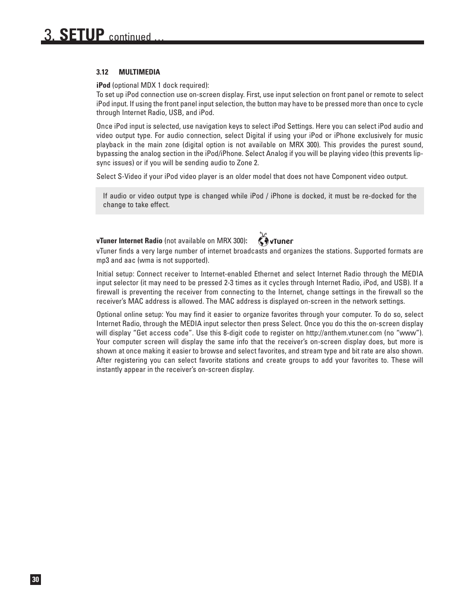 12 multimedia, Setup, Continued | Anthem MRX 700 User Manual | Page 38 / 52
