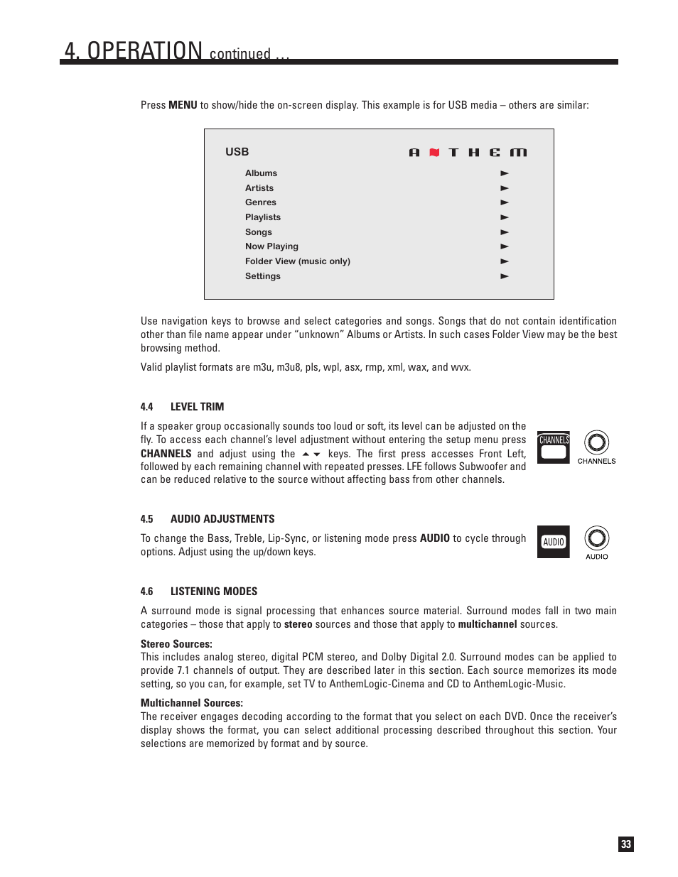 Level trim, Audio adjustments, Listening modes | Operation, Continued | Anthem MRX 700 User Manual | Page 41 / 52