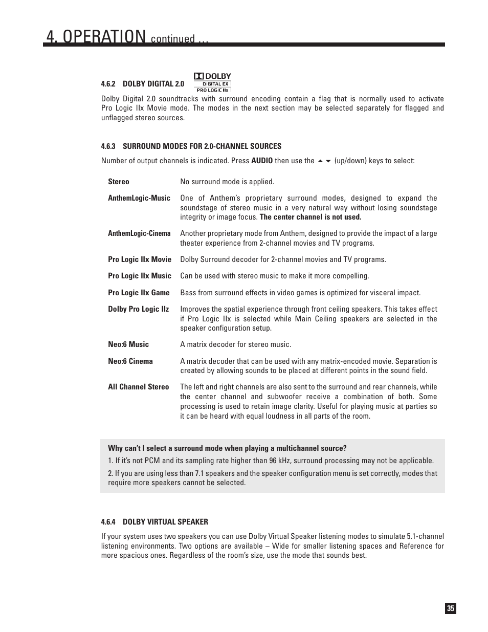 Dolby digital 2.0, Surround modes for 2.0-channel sources, Dolby virtual speaker | Operation, Continued | Anthem MRX 700 User Manual | Page 43 / 52