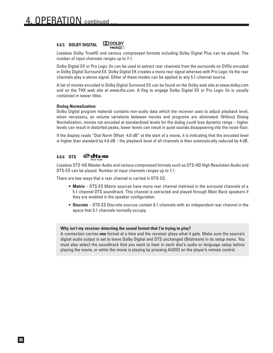 Dolby digital, Operation, Continued | Anthem MRX 700 User Manual | Page 44 / 52