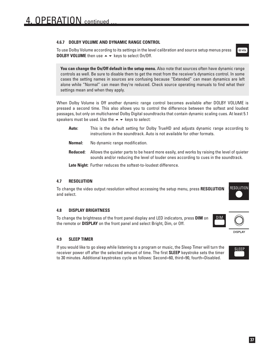 Dolby volume and dynamic range control, Resolution, Display brightness | Sleep timer, Operation, Continued | Anthem MRX 700 User Manual | Page 45 / 52