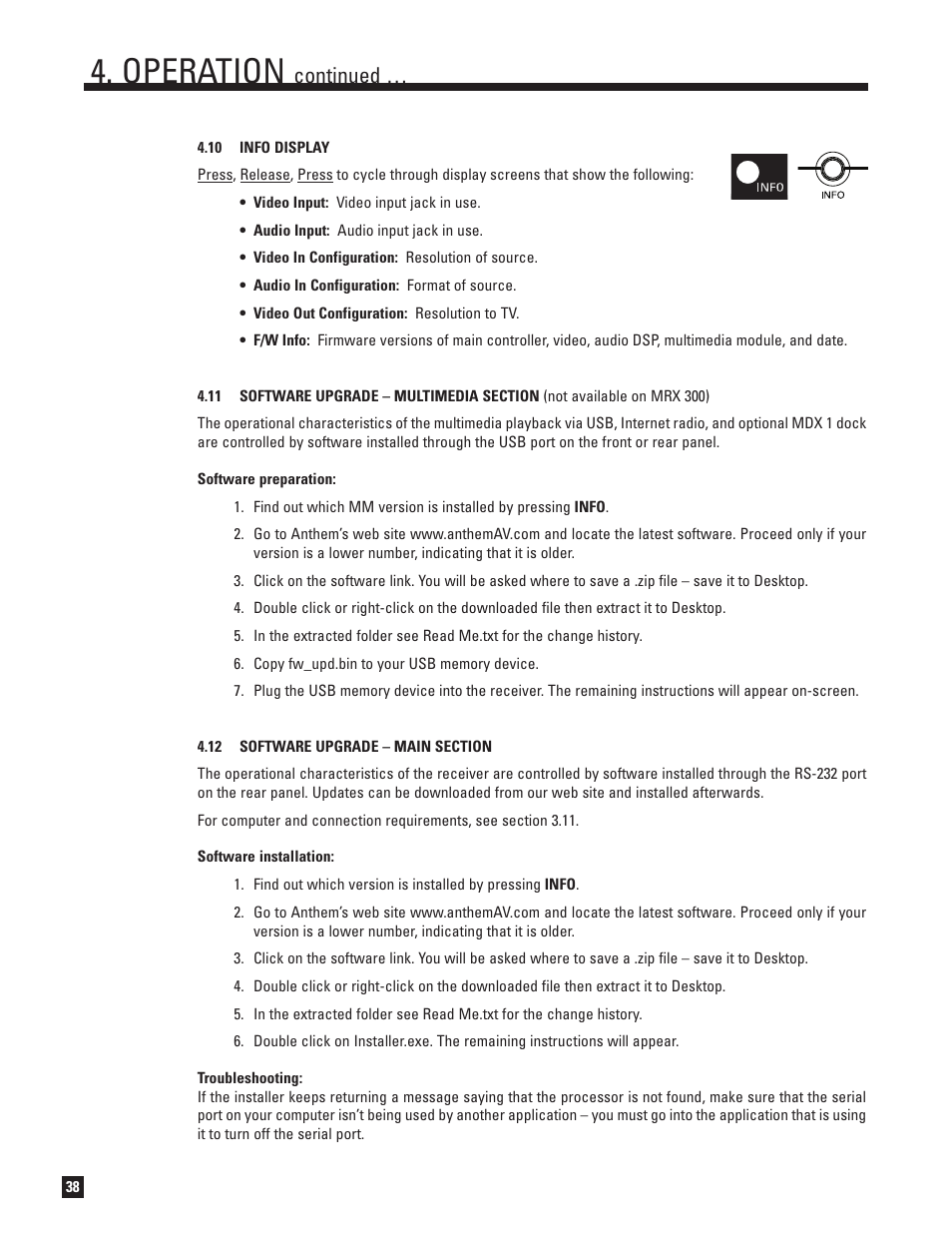 10 info display, 12 software upgrade – main section, Operation | Continued | Anthem MRX 700 User Manual | Page 46 / 52