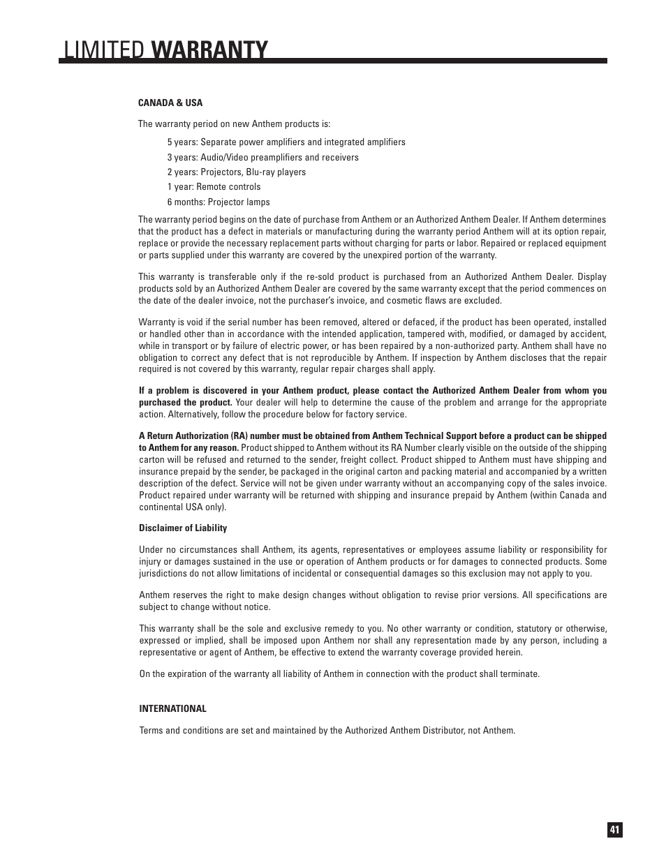 Limited warranty | Anthem MRX 700 User Manual | Page 49 / 52