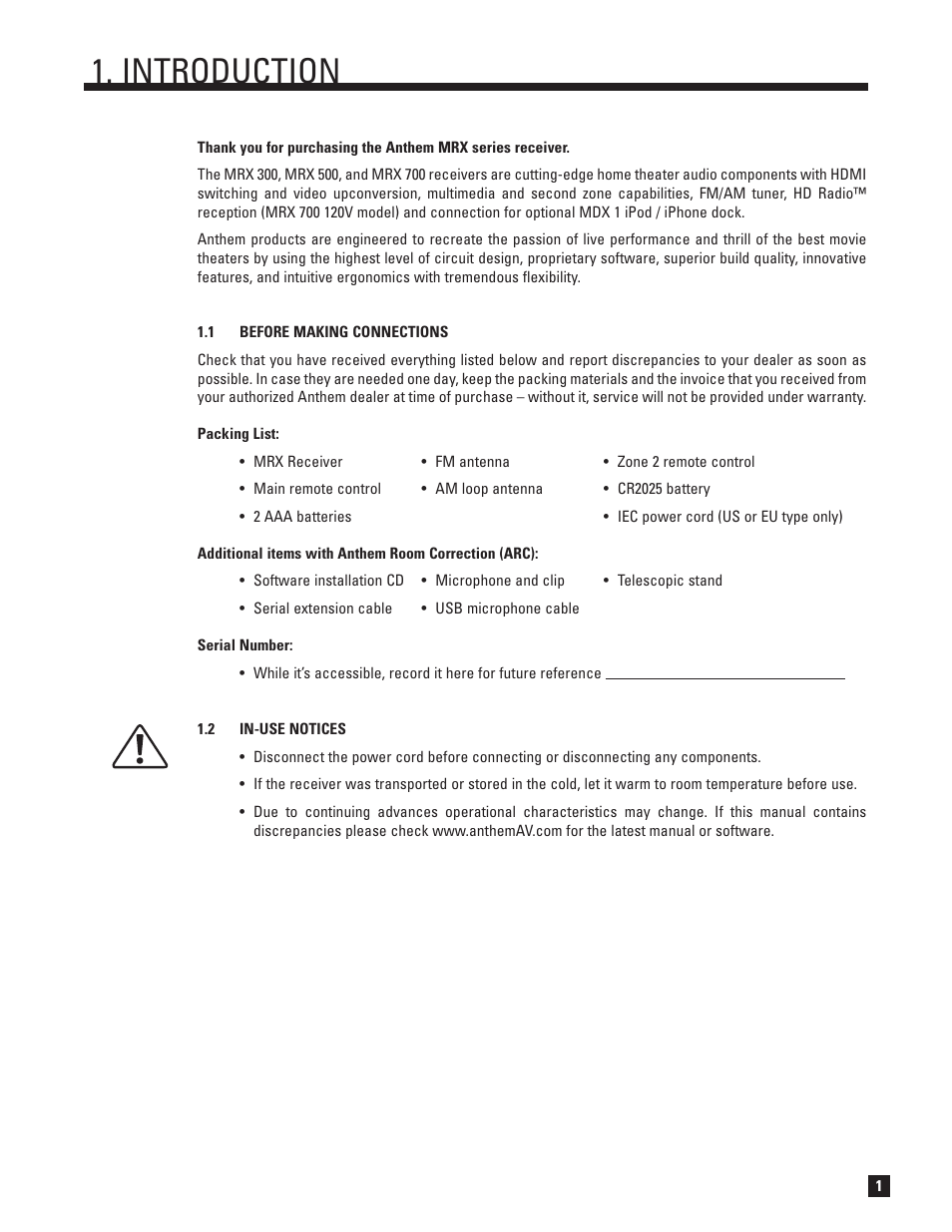 Before making connections, In-use notices, Introduction | Anthem MRX 700 User Manual | Page 9 / 52