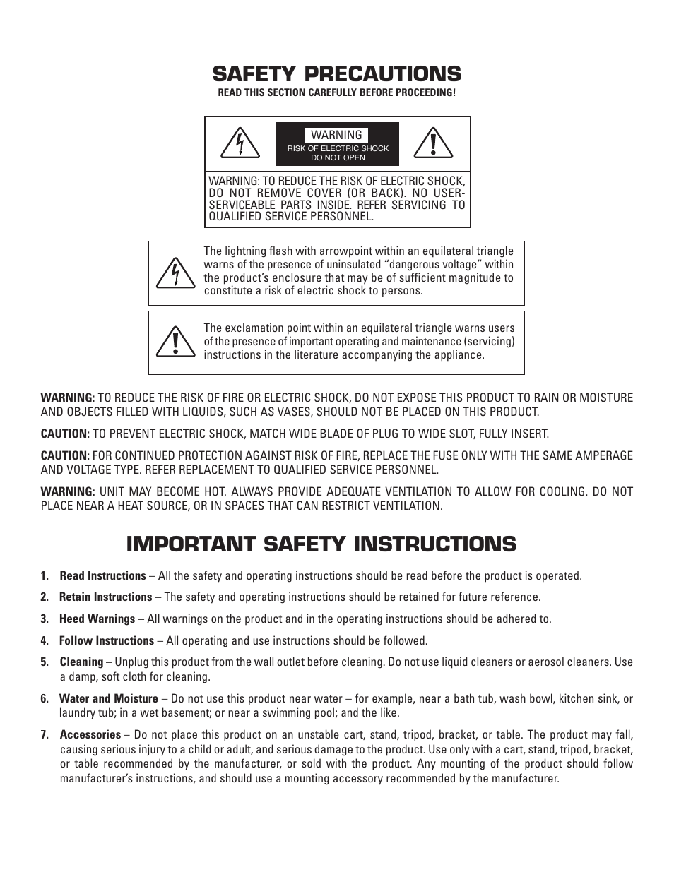 Safety precautions, Important safety instructions | Anthem TLP 1 User Manual | Page 2 / 32