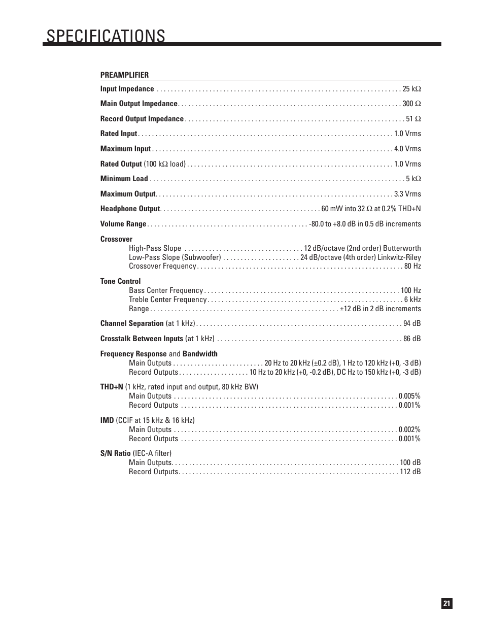 Specifications | Anthem TLP 1 User Manual | Page 27 / 32