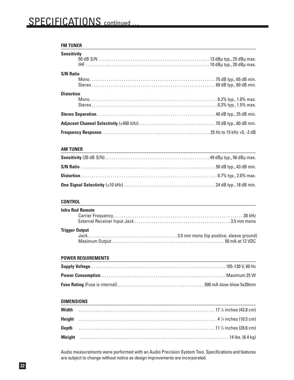 Specifications, Continued | Anthem TLP 1 User Manual | Page 28 / 32