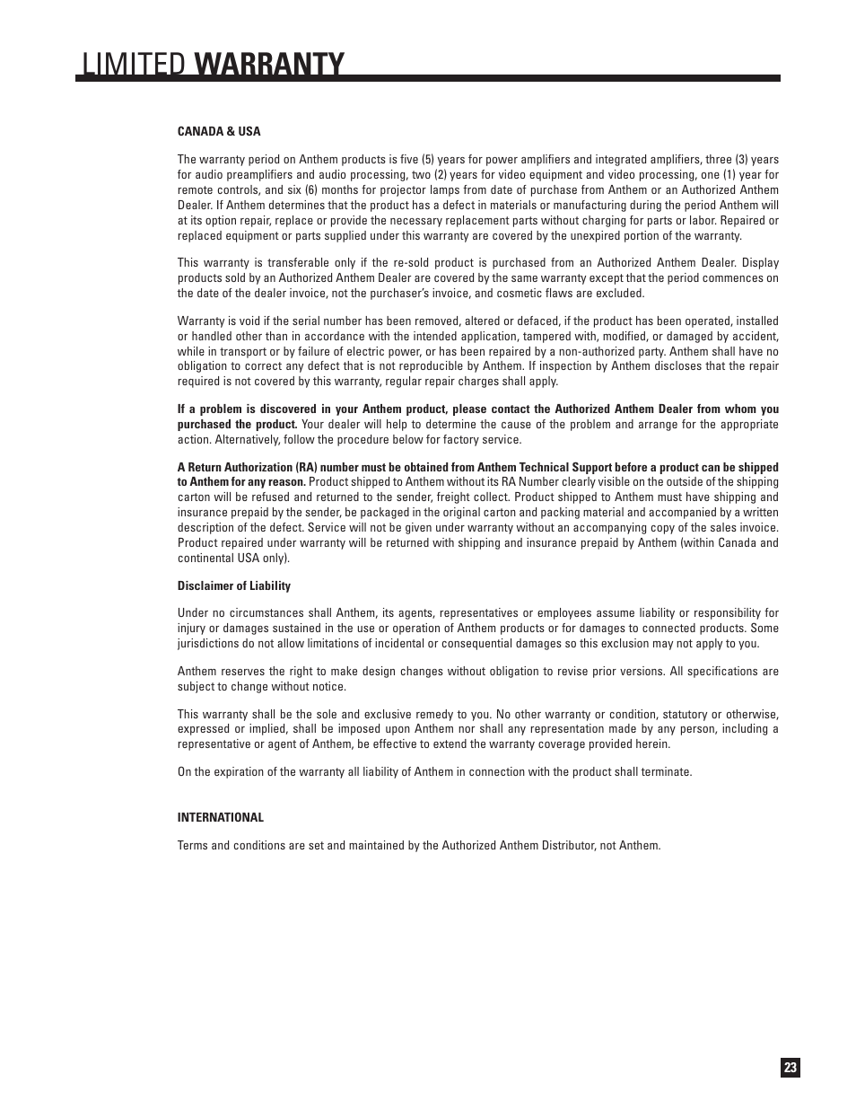 Limited warranty | Anthem TLP 1 User Manual | Page 29 / 32