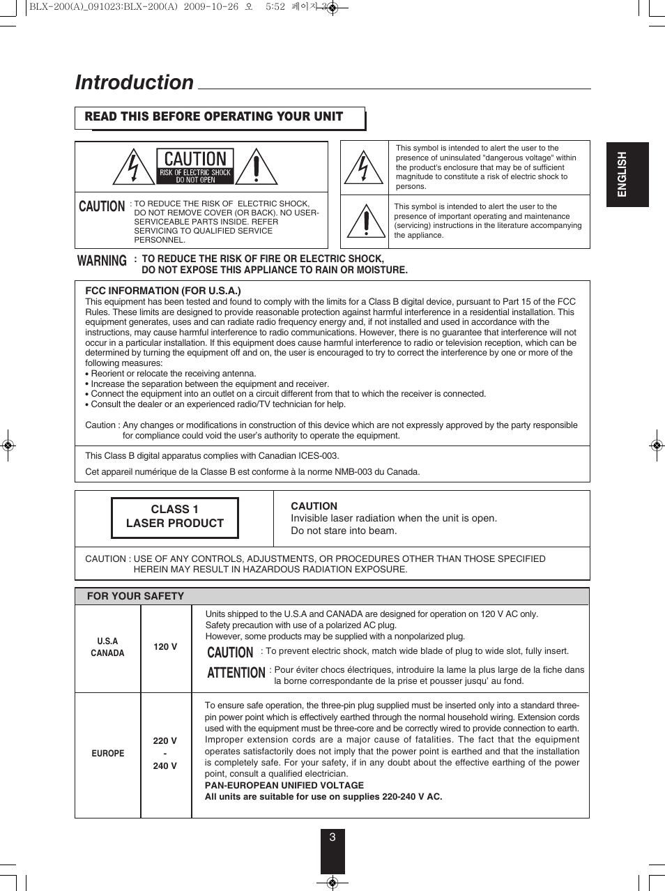 Introduction, Caution warning, Caution attention | Anthem BLX 200 User Manual | Page 3 / 46