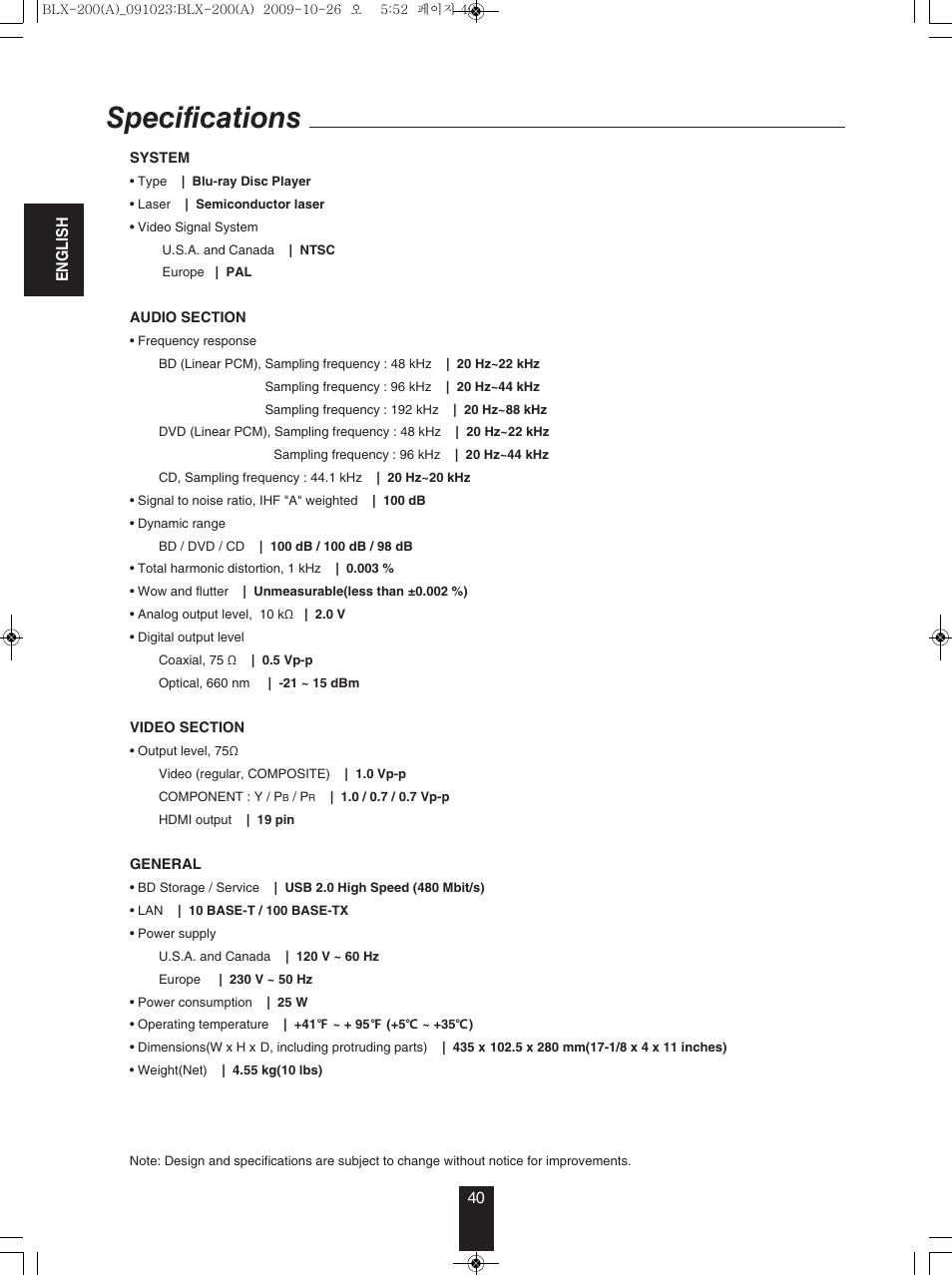 Specifications | Anthem BLX 200 User Manual | Page 40 / 46