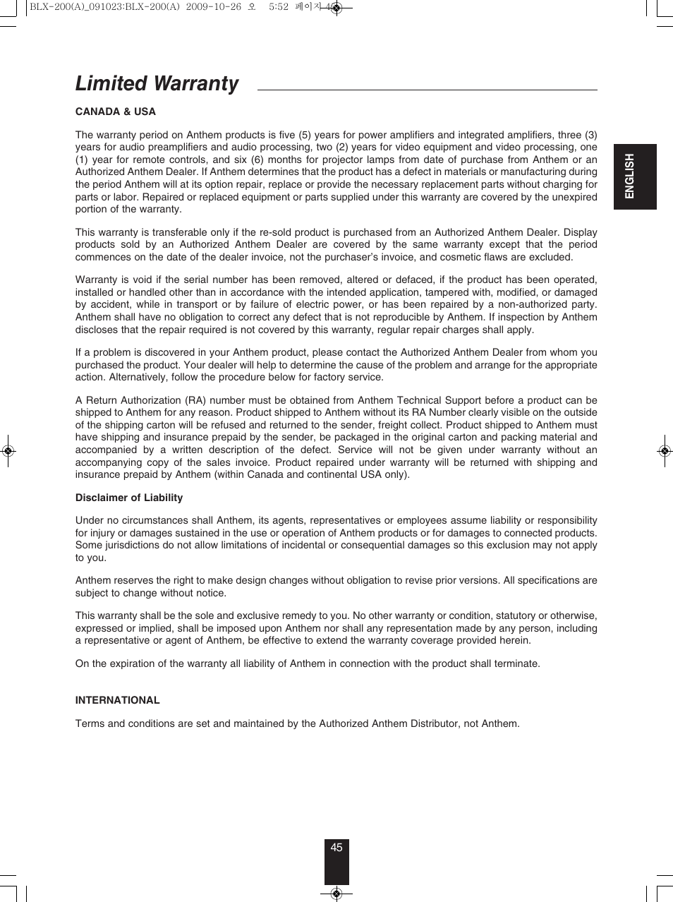 Limited warranty | Anthem BLX 200 User Manual | Page 45 / 46