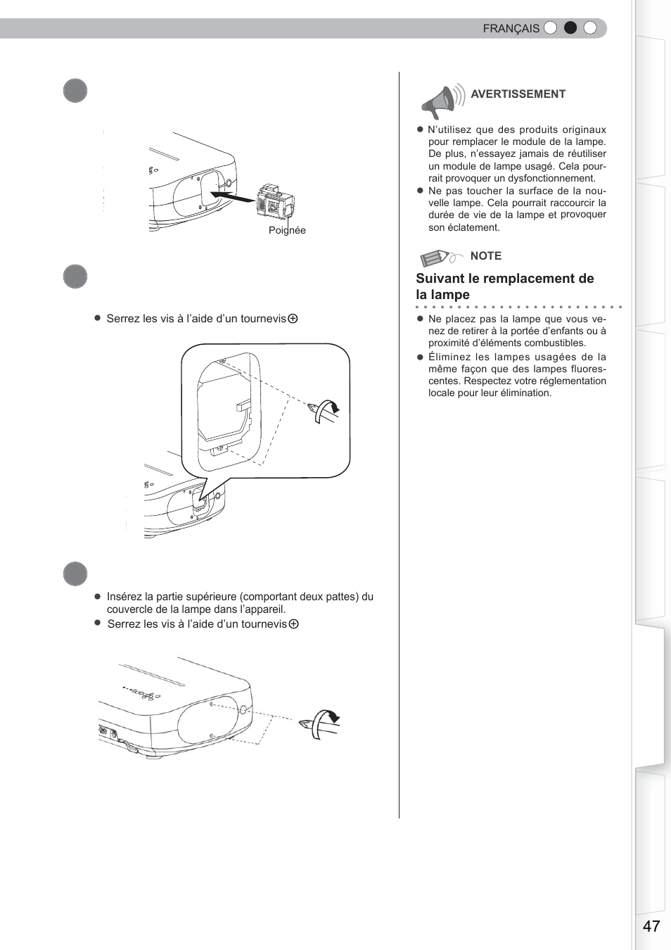Installez le nouveau module de la lampe, Serrez les vis du nouveau module de lampe, Fixez le couvercle de lampe | Anthem LTX 300 User Manual | Page 105 / 174