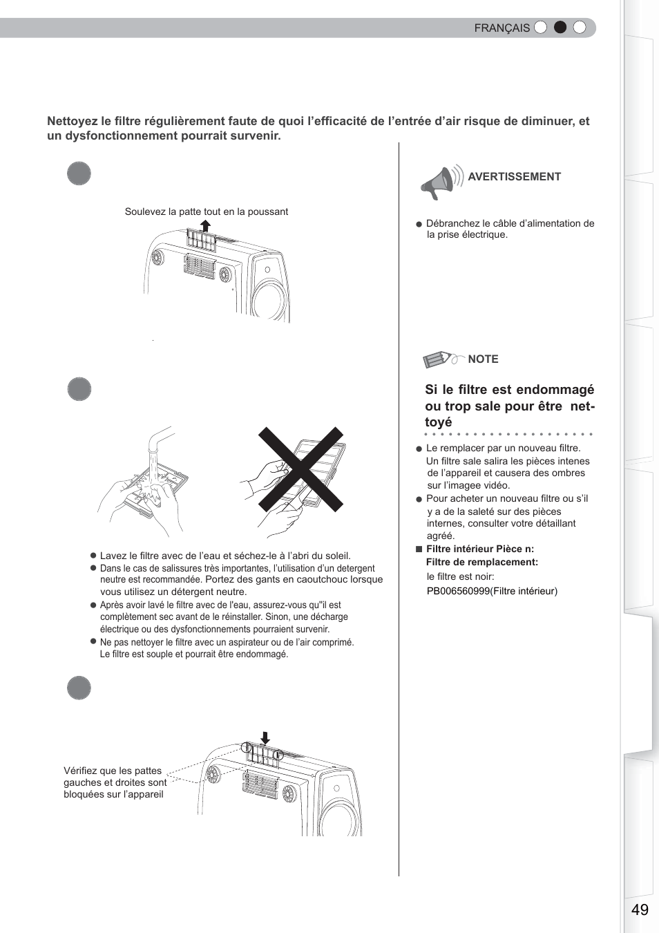 Nettoyage et remplacement du fi ltre, Retirez le fi ltre intérieur, Réinstallez le fi ltre intérieur | Nettoyez le fi ltre | Anthem LTX 300 User Manual | Page 107 / 174