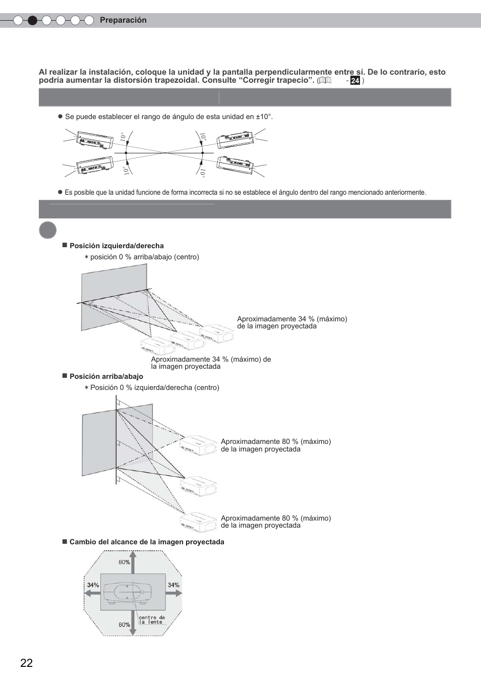 Instalación del proyector y de la pantalla, Ajuste del desplazamiento, Establecimiento del ángulo | Anthem LTX 300 User Manual | Page 138 / 174