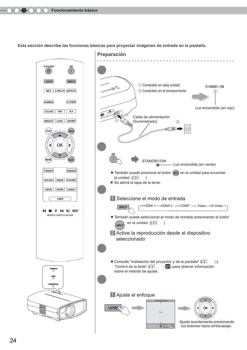 Proyección de imágenes, Introduzca el enchufe en el tomacorriente, Encienda la unidad | Proyecte la imagen, Ajuste la posición de la pantalla de proyección, Ajuste el tamaño de la imagen (zoom) y el enfoque, Preparación, 1seleccione el modo de entrada, 1ajuste el enfoque | Anthem LTX 300 User Manual | Page 140 / 174