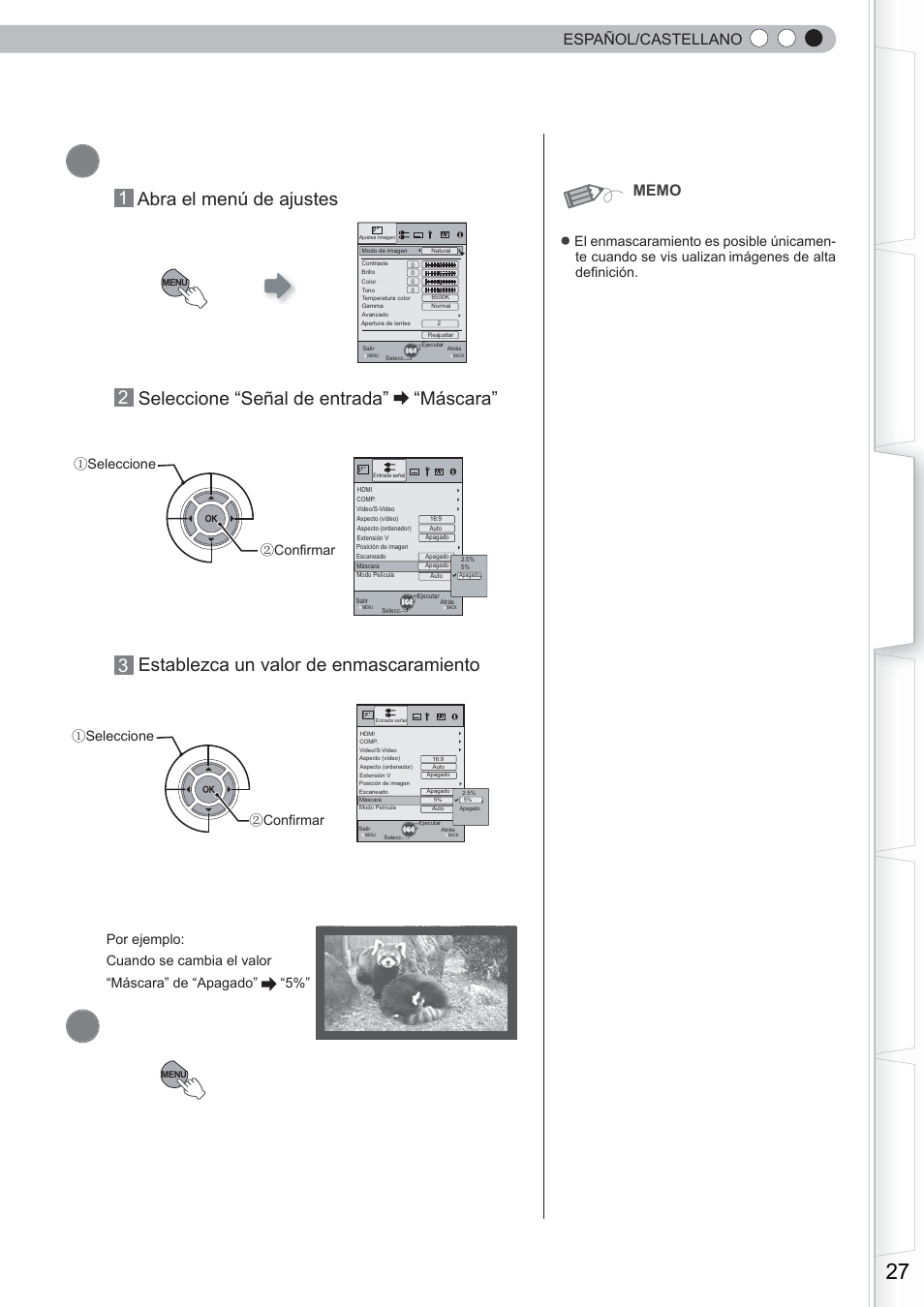 Para terminar, Enmascare la imagen, Máscara | 3establezca un valor de enmascaramiento, Español/castellano, Seleccione ② confirmar ① seleccione ② confirmar | Anthem LTX 300 User Manual | Page 143 / 174