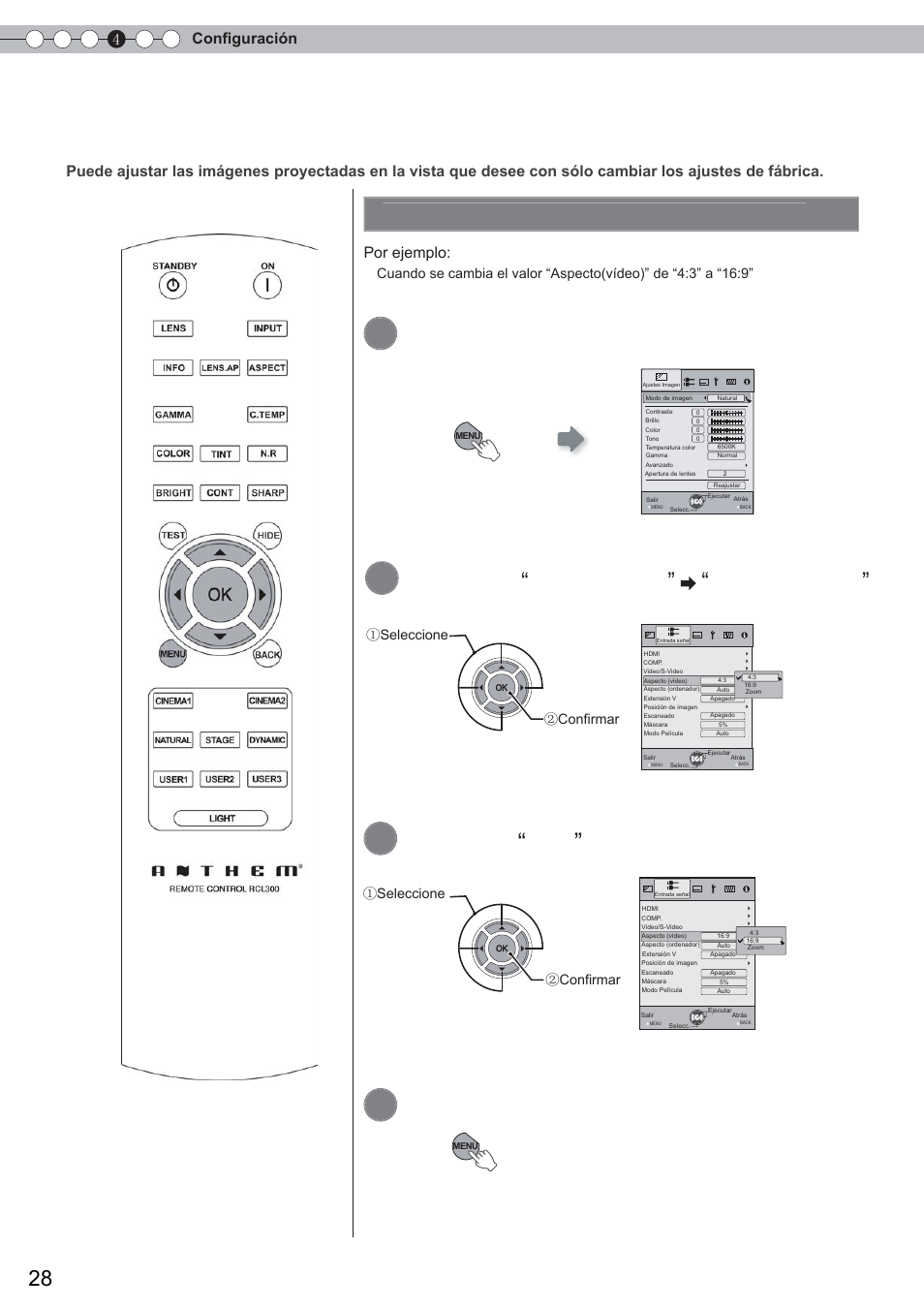 Menú de ajustes, Abra el menú de ajustes, Procedimientos para utilizar el menú | Seleccione, Entrada señal, Aspecto(vídeo), Ajuste en, Para terminar, 4confi guración, Por ejemplo | Anthem LTX 300 User Manual | Page 144 / 174