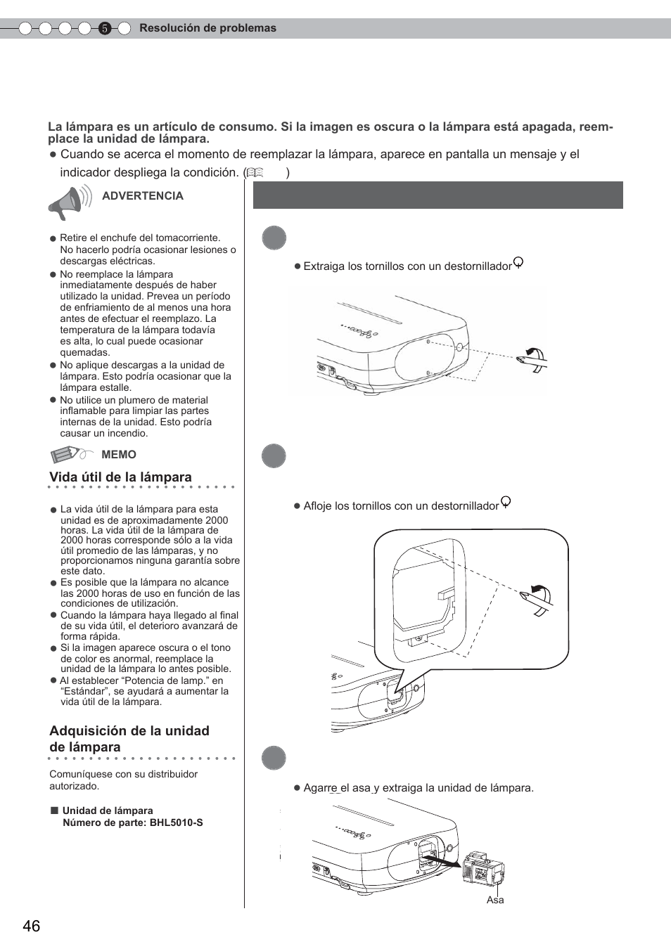 Reemplazo de la lámpara, Retire la tapa de la lámpara, Afloje los tornillos de la unidad de | Lámpara, Retire la unidad de lámpara, Procedimiento de reemplazo de la lámpara | Anthem LTX 300 User Manual | Page 162 / 174
