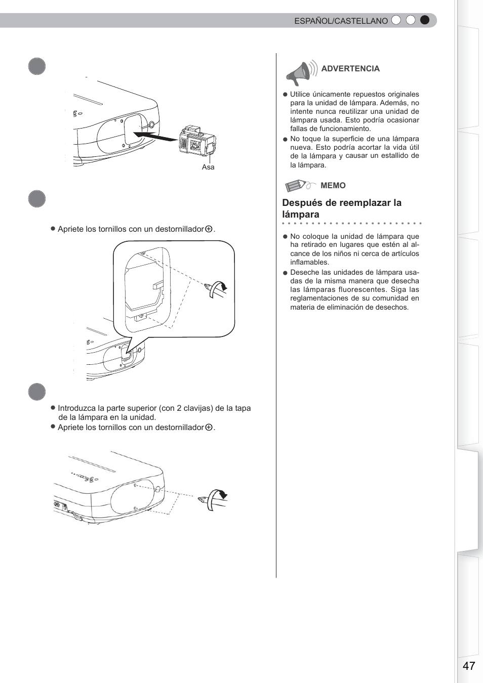 Instale la nueva unidad de lámpara, Ajuste la tapa de la lámpara | Anthem LTX 300 User Manual | Page 163 / 174