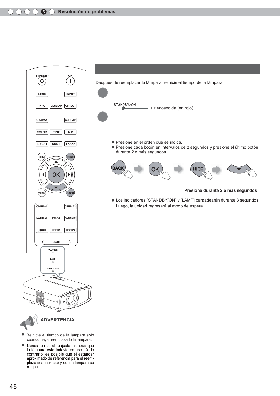 Reemplazo de la lámpara (continuación), Reinicio del tiempo de la lámpara, Introduzca el enchufe en el tomacorriente | Anthem LTX 300 User Manual | Page 164 / 174
