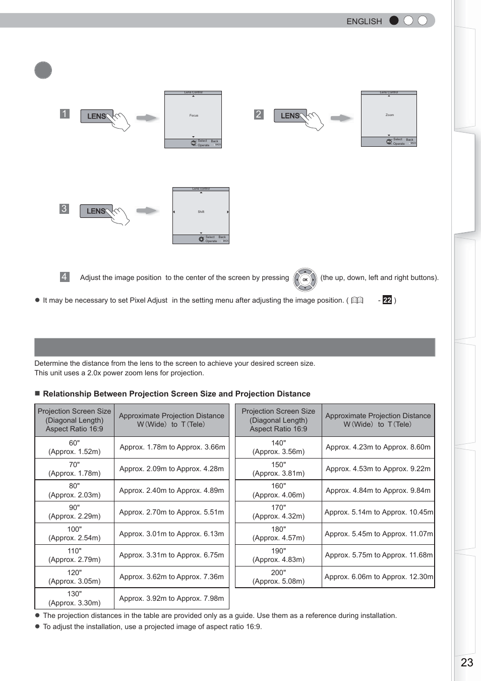 Screen size and projection distance | Anthem LTX 300 User Manual | Page 23 / 174