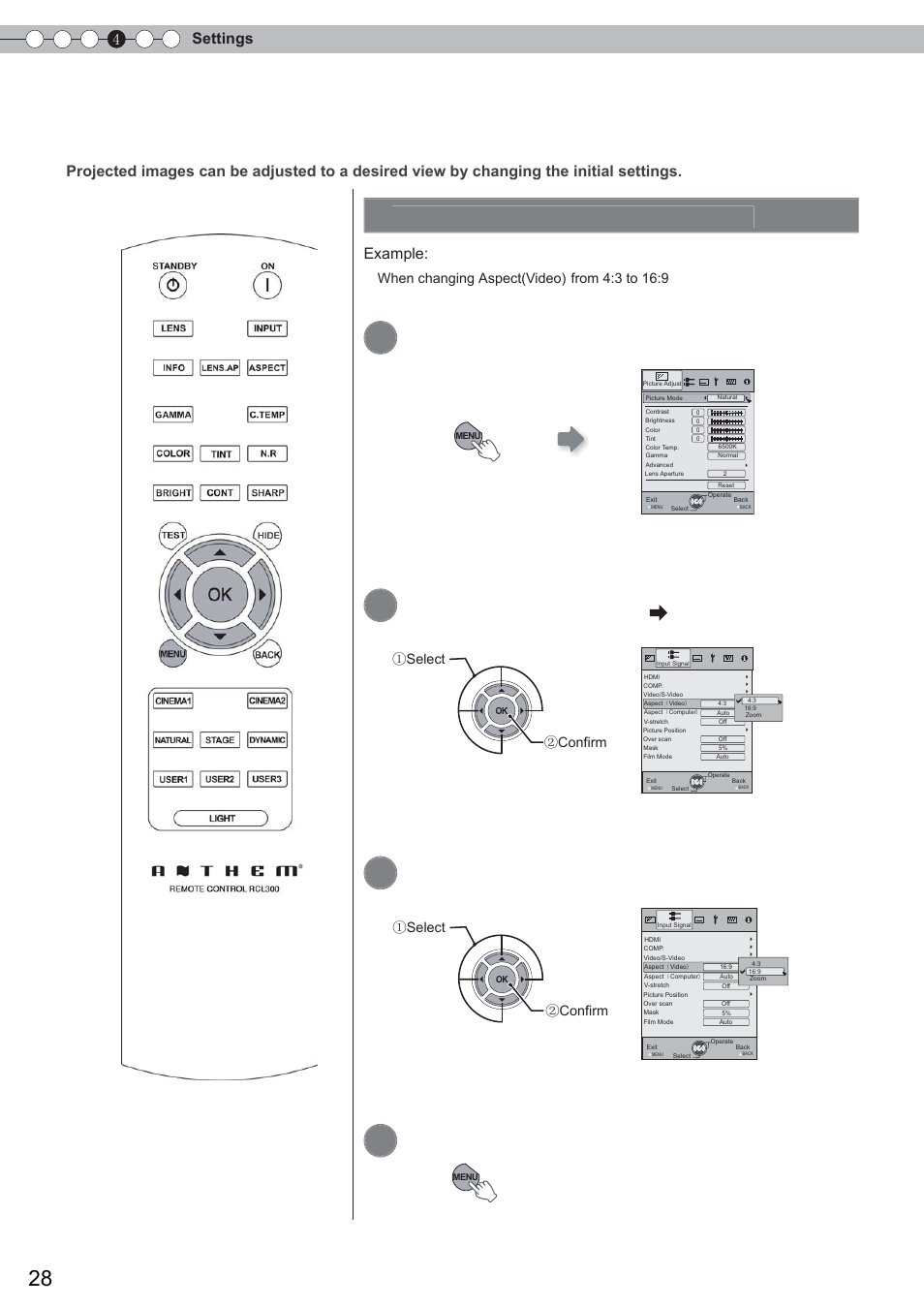 Setting menu, Procedures for menu operation, Display the setting menu | Select input signal aspect(video), Set to 16:9, 4settings, Example, Select ② confirm ① select ② confirm | Anthem LTX 300 User Manual | Page 28 / 174