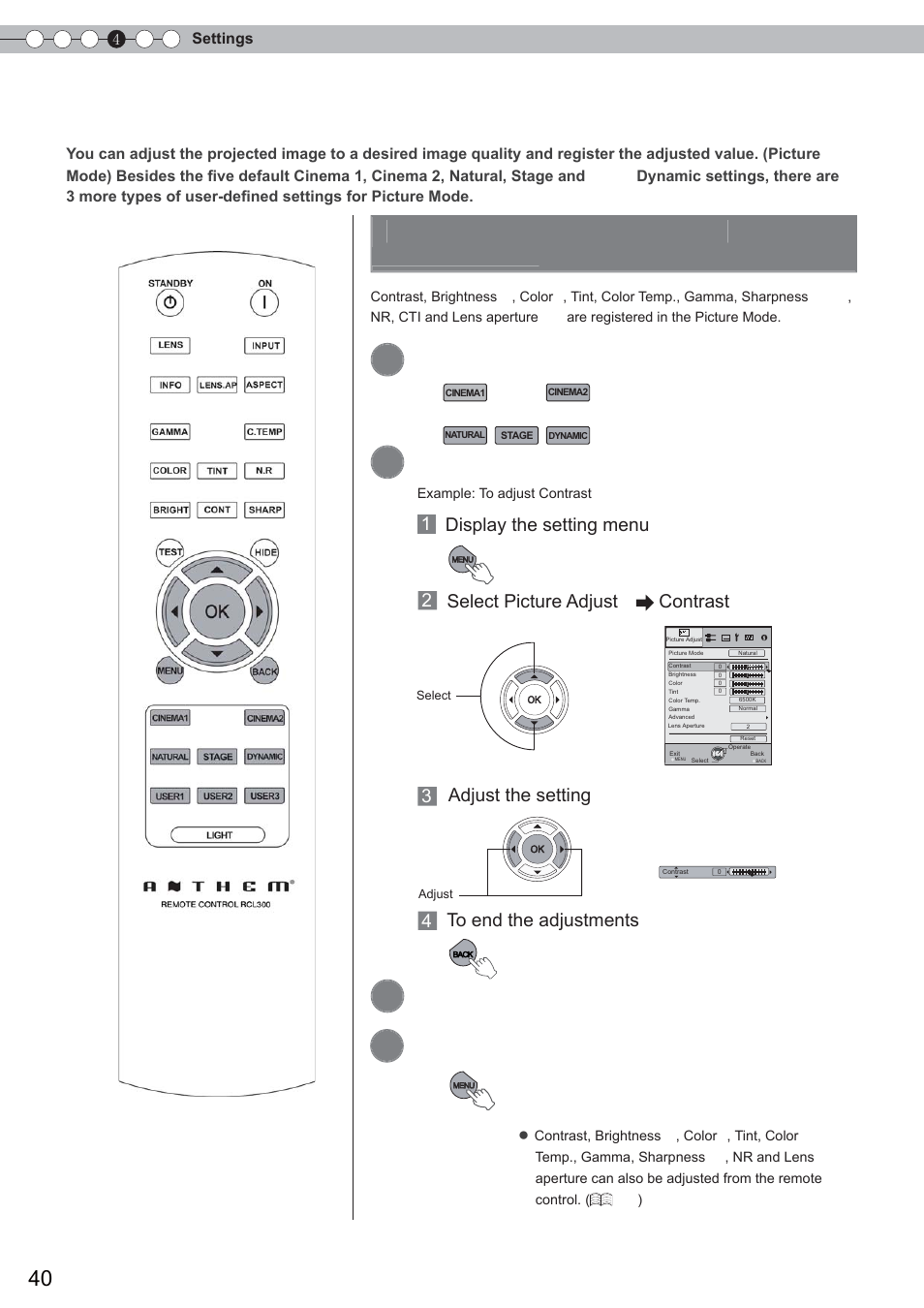 Customizing projected images, Changing the initial setting of picture mode, Select picture mode | Adjust picture quality, Other items can also be adjusted, Adjust the setting | Anthem LTX 300 User Manual | Page 40 / 174
