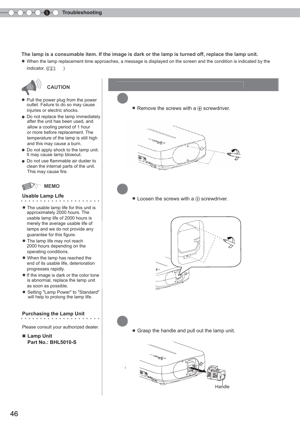 Replacing the lamp, Remove the lamp cover, Loosen the screws on the lamp unit | Pull out the lamp unit, Procedure for lamp replacement | Anthem LTX 300 User Manual | Page 46 / 174