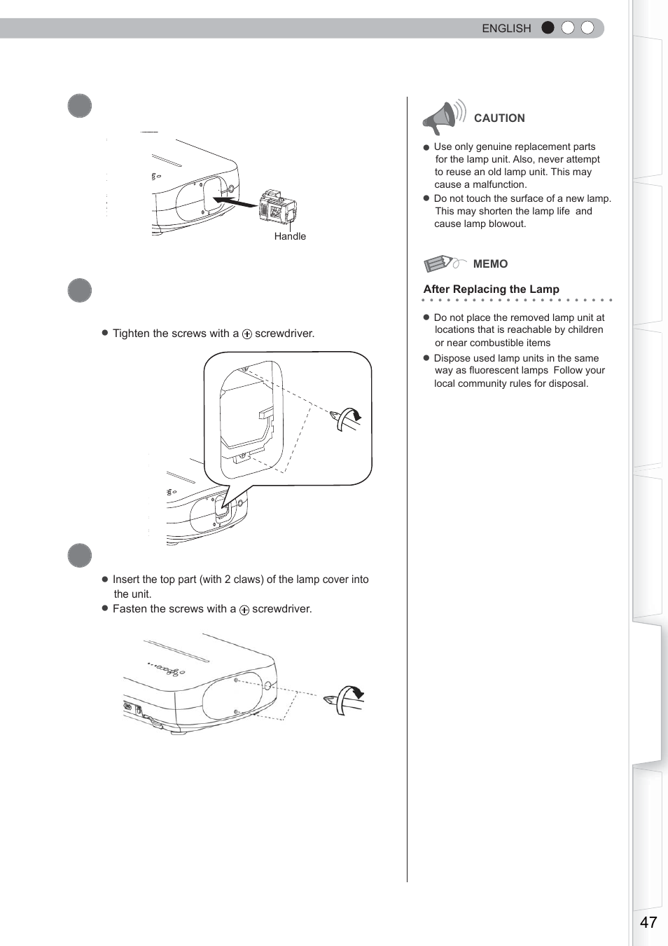 Install the new lamp unit, Tighten the screws of the new lamp unit, Attach the lamp cover | Anthem LTX 300 User Manual | Page 47 / 174