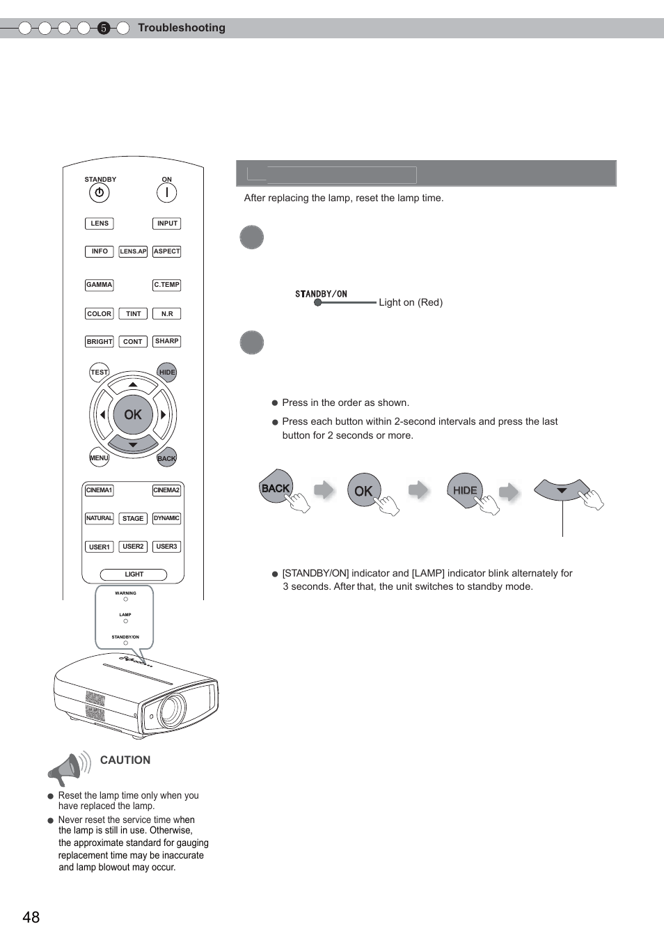 Replacing the lamp (continued), Insert the power plug to the power outlet, Resetting lamp time | Anthem LTX 300 User Manual | Page 48 / 174