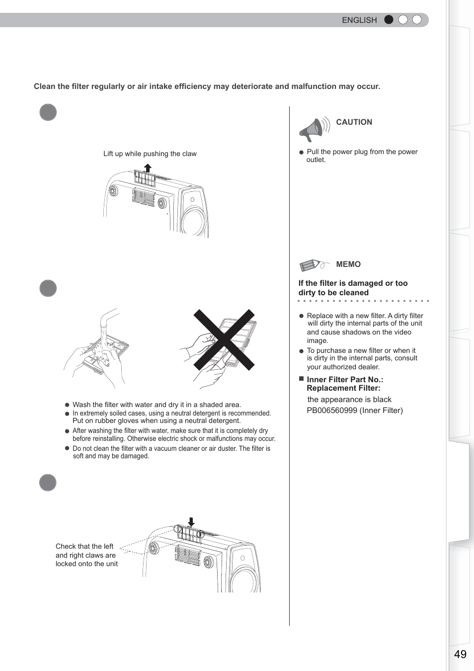 Cleaning and replacing the filter, Remove the inner fi lter, Reinstall the inner fi lter | Clean the fi lter | Anthem LTX 300 User Manual | Page 49 / 174