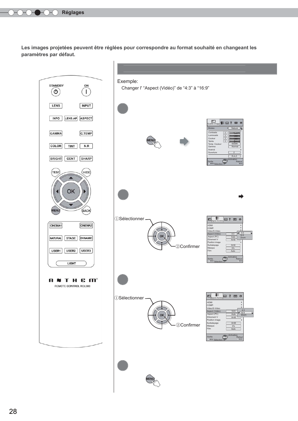 Menu de confi guration, Procédures d’utilisation du menu, Affi chez le menu de confi guration | Choisissez “signal d'entrée” “aspect (vidéo), Régler sur “16:9, Pour terminer, Réglages, Exemple | Anthem LTX 300 User Manual | Page 86 / 174
