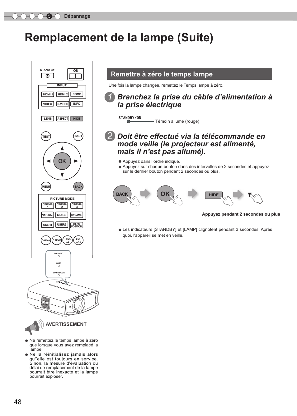 Remettre, À zéro le temps lampe, Remplacement de la lampe (suite) | Remettre à zéro le temps lampe | Anthem LTX 300v User Manual | Page 106 / 174