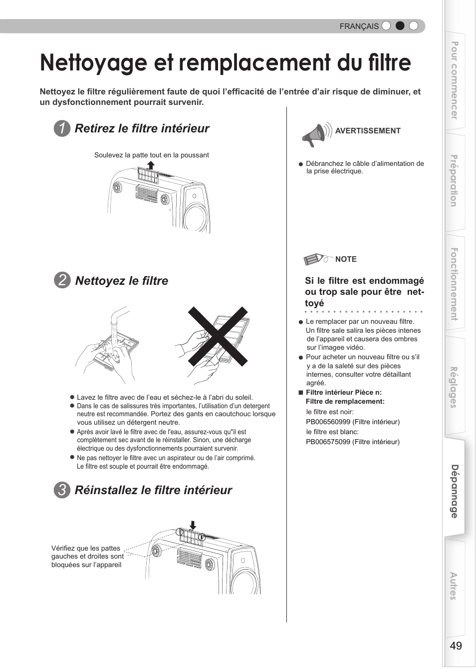 Nettoyage et remplacement du filtre, Filtre, Retirez le filtre intérieur | Réinstallez le filtre intérieur, Nettoyez le filtre | Anthem LTX 300v User Manual | Page 107 / 174