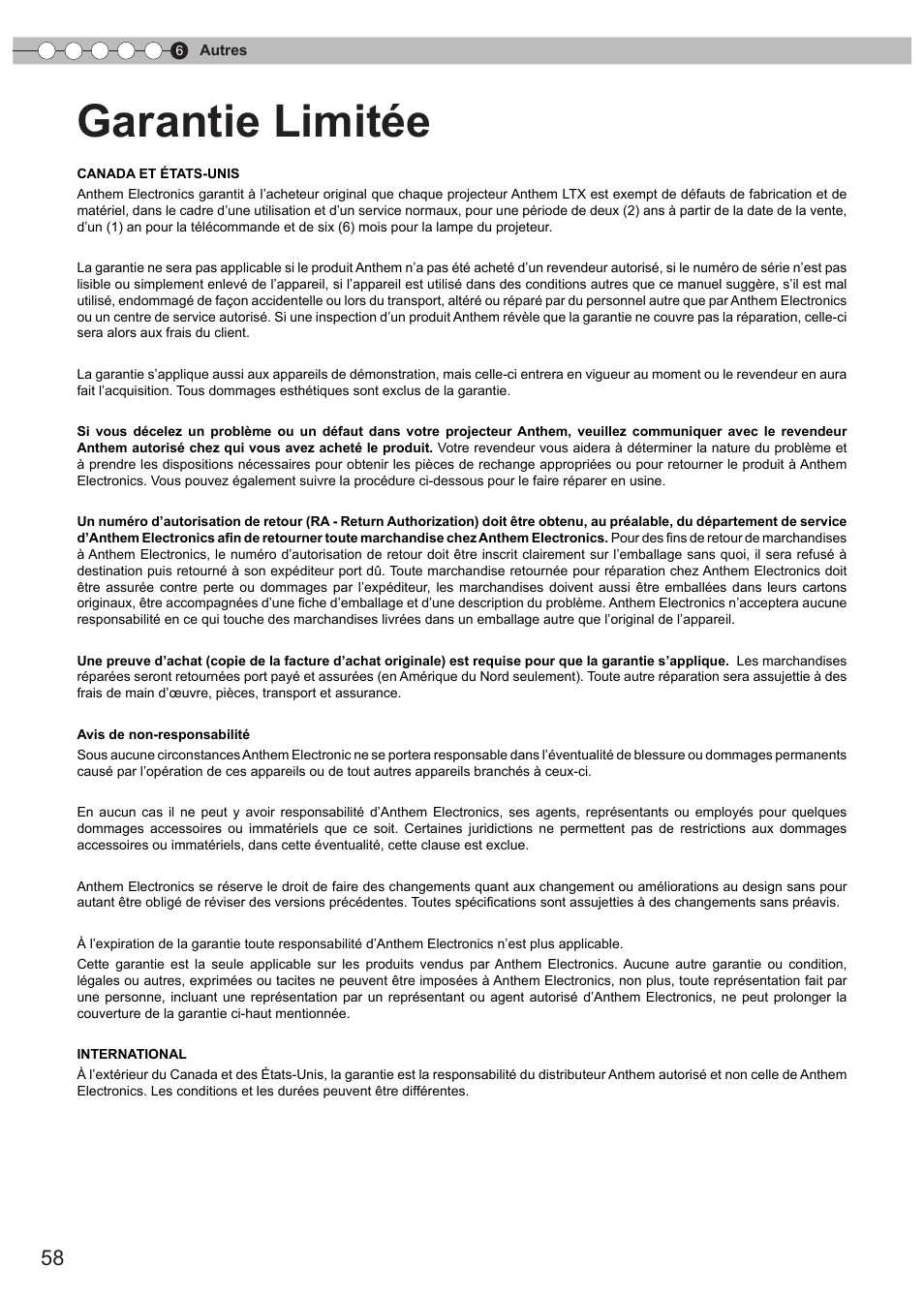 Garantie limitée | Anthem LTX 300v User Manual | Page 116 / 174