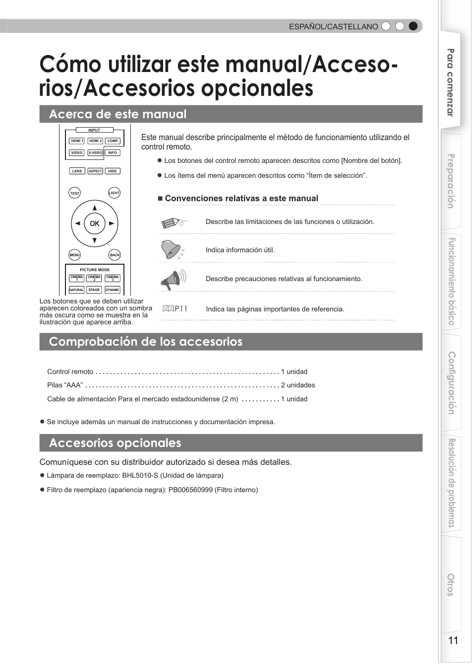 Acerca de este manual, Accesorios opcionales, Cómo utilizar este manual/acceso | Rios/accesorios opcionales, Comprobación de los accesorios | Anthem LTX 300v User Manual | Page 127 / 174