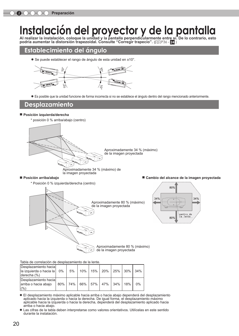 Ajuste del desplazamiento, Instalación del proyector y de la, Pantalla | Establecimiento del ángulo, Desplazamiento, Instalación del proyector y de la pantalla | Anthem LTX 300v User Manual | Page 136 / 174